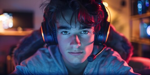 Dedicated Esports Gamer Intensely Focused on Gaming Competition on Computer with Red and Blue Lighting