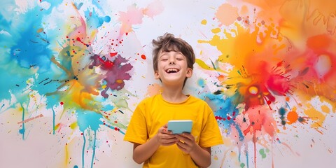 Young Boy Exploring Emotions with Art Therapy Mobile App on Colorful Abstract Background