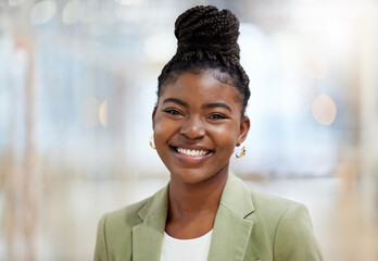 Portrait, smile and black woman for career and professional, business and internship for corporate job. Employee, happy and young female person, human resources and trainee in workplace in Kenya