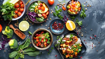 A vibrant spread of nutritious dishes beautifully displayed on the table for a delectable food photoshoot