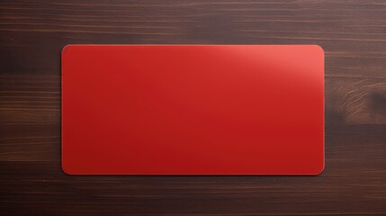 A red card sits on a wooden surface