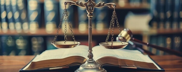 The scales of justice are balanced with a gavel and a book