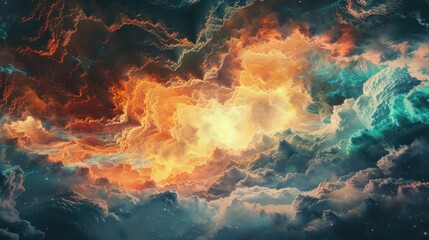 Abstract celestial landscape depicting vibrant cosmic clouds with a fusion of warm and cool colors.