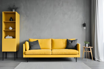 An elegant yellow sofa stands against a grey stucco wall and cabinet, representing Scandinavian style home interior design in a modern living room