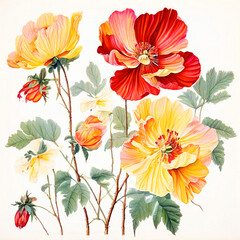 Colourful floral seamless Pattern with light background watercolour painting of abutilon flower