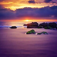 Otherworldly sunset on a beach with purple sand, surreal beauty, digital art 