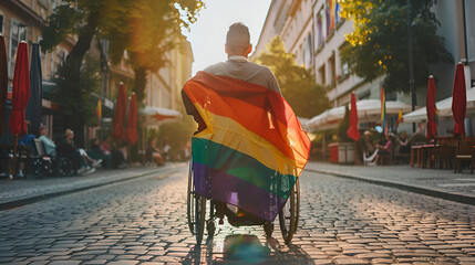 in wheelchair gay flag back diverse parade celebrating celebrating view differences lgbtq man disability pride with inclusion pride disabled event candid equality empowerment rainbow
