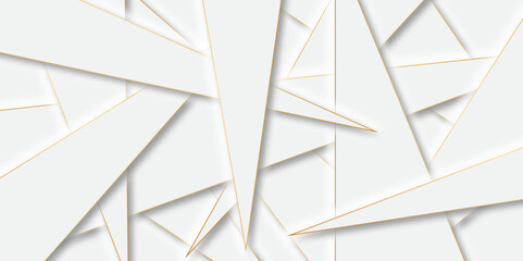 Random Minimal Geometric background with triangular bright light with soft shadows as pattern .White minimal line design.Abstract triangle lines shape modern white and golden geometric banner design.