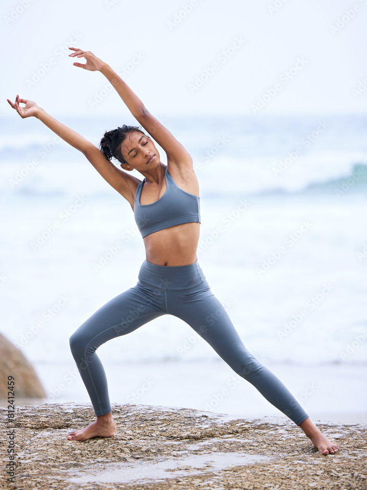 Canvas Prints ocean, stretching and indian woman doing yoga for spiritual fitness, outdoor workout or wellness. he