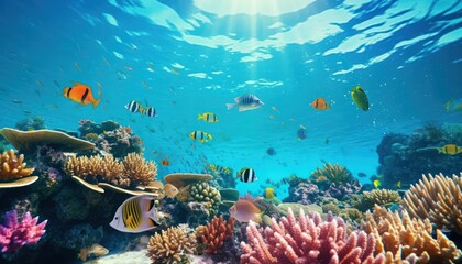 Tropical fish in the underwater, coral reef, amazing underwater life, various fish and exotic coral reefs, ocean wild creatures background