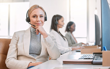 Call center, portrait and woman in office, confidence and smile for customer service, headset and...