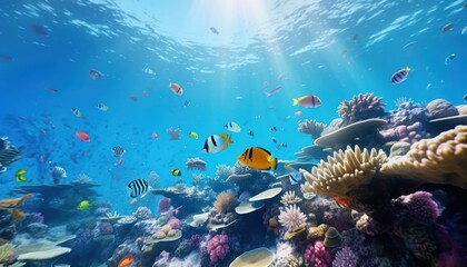 Tropical fish in the underwater, coral reef, amazing underwater life, various fish and exotic coral...