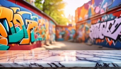 marble table in front of Colorful graffiti art on a concrete wall background 