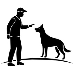 A dog trainer instructing a dog on a field silhouette  vector