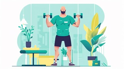 A personal trainer in a green shirt and black shorts is lifting weights in a gym. He is surrounded by plants and has a determined look on his face.