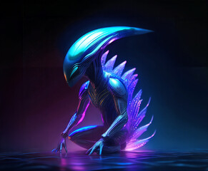 Alien creature in humanoid shape with opalescent skin and iridescent scales