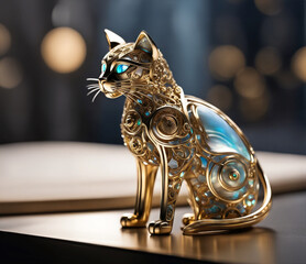 mechanical cat made out of brass and opalescent glass