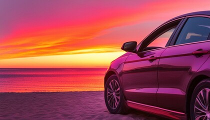 car on the beach, car on the beach sunset car parked on the beach with beautiful vibrant red sunset sky, summer road trip travel