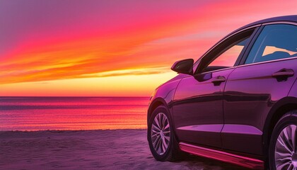 car on the beach, car on the beach sunset car parked on the beach with beautiful vibrant red sunset sky, summer road trip travel