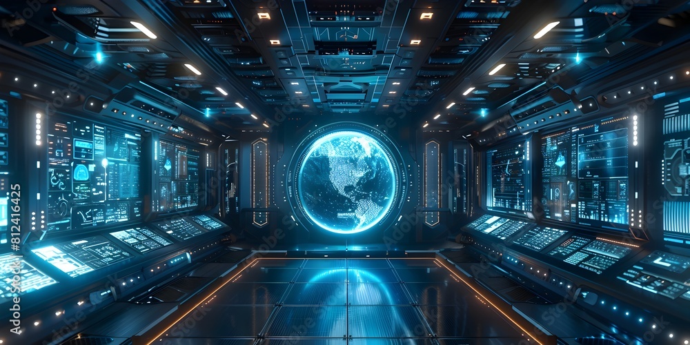 Poster futuristic virtual background for video conferencing with sci fi themed digital dashboard and glowin