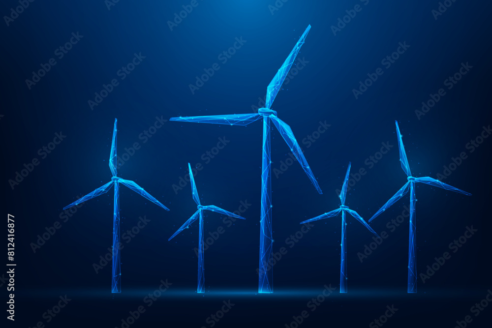 Wall mural windmill clean energy low poly wireframe on blue background. sustainable and renewable energy. vector illustration fantastic design