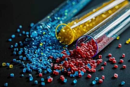 polypropylene, polyamide in a test tube and a petri dish. Black background. Plastic and polymer industry