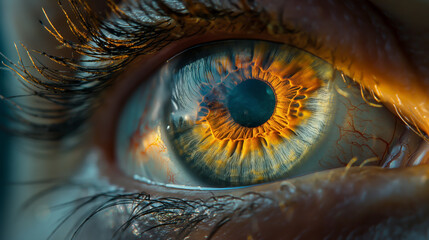 Close-up of the eye, cataract, red eye with blood vessels.