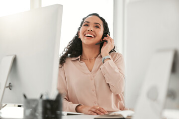 Woman, smile and customer support for crm, call center and technology service agency. Consultant, computer and telemarketing company with conversation, happiness and workplace operator with headset