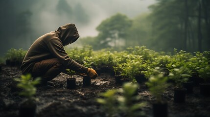 A person participating in a reforestation project to combat deforestation for Earth Day.