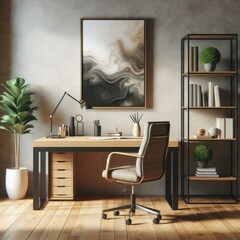 A desk with a chair and a painting on the wall image has illustrative meaning has illustrative meaning has illustrative meaning.