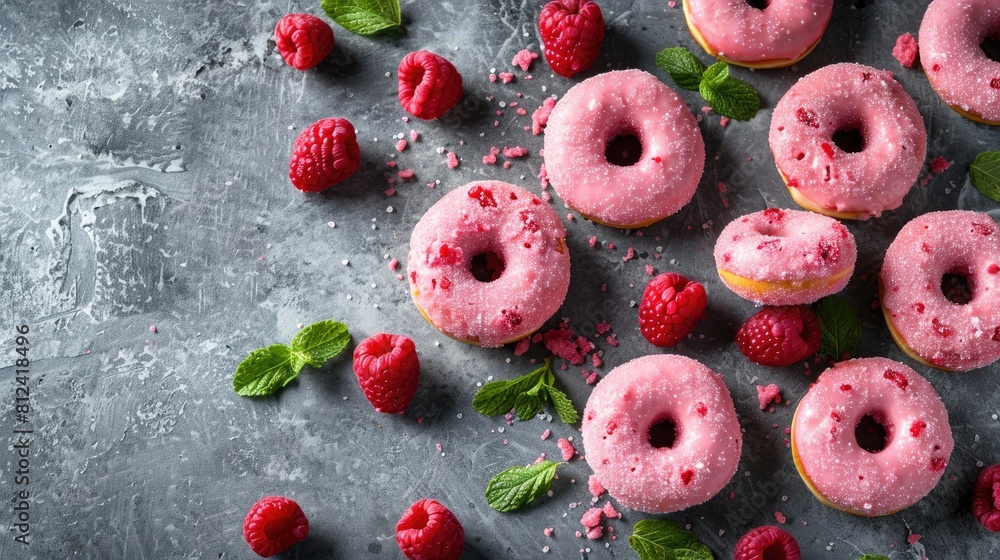 Poster colorful pink raspberry donuts arranged on a sleek gray concrete backdrop complemented by refreshing