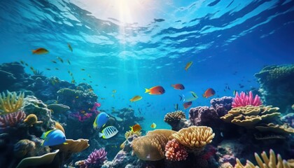 Tropical fish in the underwater, coral reef, amazing underwater life, various fish and exotic coral reefs, ocean wild creatures background