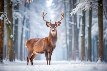 A brown deer, possibly a buck, with antlers grazes in a snowy forest