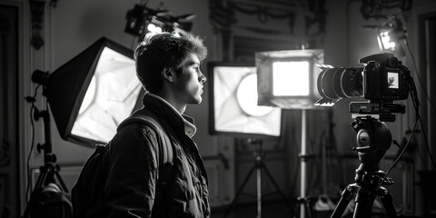 Young man standing in front of video camera, captured in classic black and white photo style