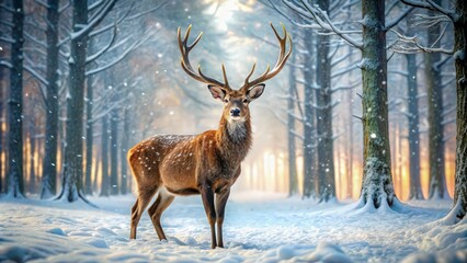 A brown deer with antlers, possibly a buck, grazes alone in a snowy forest