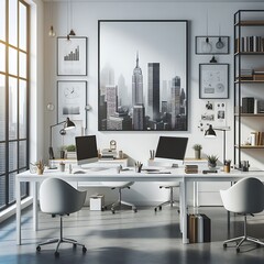 A desk with computers and chairs in a room with a large window image art realistic lively.
