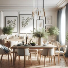 A dining room with a table and chairs image art harmony lively has illustrative meaning.