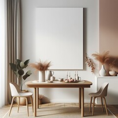 A dining Room with a template mockup poster empty white and with a table and chairs image art photo attractive attractive.
