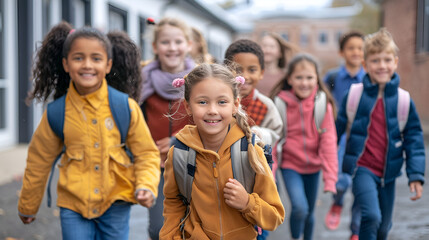 Fototapeta premium A broad group of cheerful, pleasant, and happy multiethnic children.