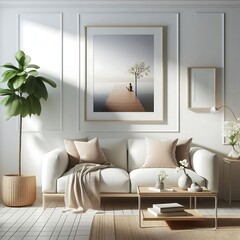 A living room with a couch and a picture on the wall realistic lively used for printing.