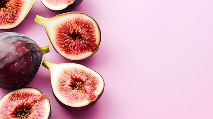Top view of fig fruits on pastel background, banner style, copy space, isolated