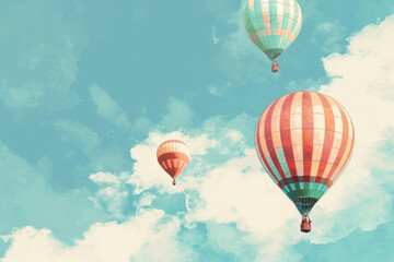 Naklejka premium Colorful hot air balloons flying in the blue sky with white clouds, a picturesque and serene scene