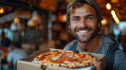 A wide photo of handsome baker man with cute smile and happy mood, holding and serving an Italian pizza to a customer and looking at the camera   