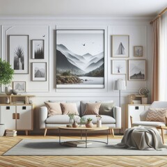 A living room with a template mockup poster empty white and with a couch and a picture on the wall image realistic attractive has illustrative meaning.