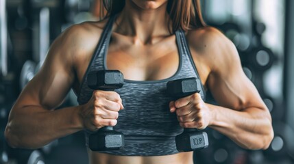 A muscular woman in a gray sports bra holds a pair of dumbbells in front of her chest.