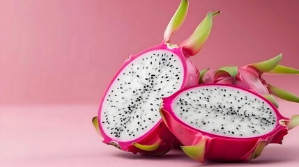 Obraz premium Top view of dragon fruits on pastel background, banner style, copy space, isolated