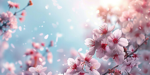 Beautiful Pink Cherry Blossoms Blooming on Branch Against Blue Sky in Spring Nature Scene