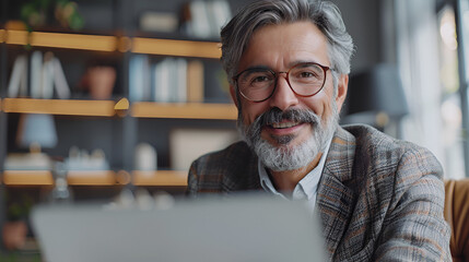 Obraz premium Executive manager, happy and mature, working in the office, observing online webinars on a laptop, participating in remote virtual meetings via video conference call or corporate training