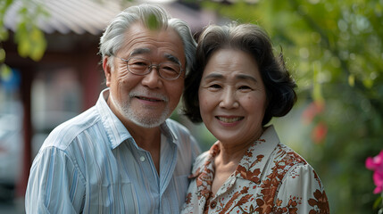 Mature Asian couple with a happy smile posing together