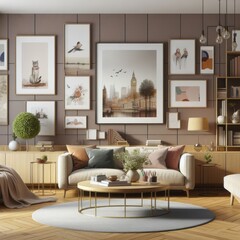 A living room with a template mockup poster empty white and with a couch and coffee table image photo used for printing card design